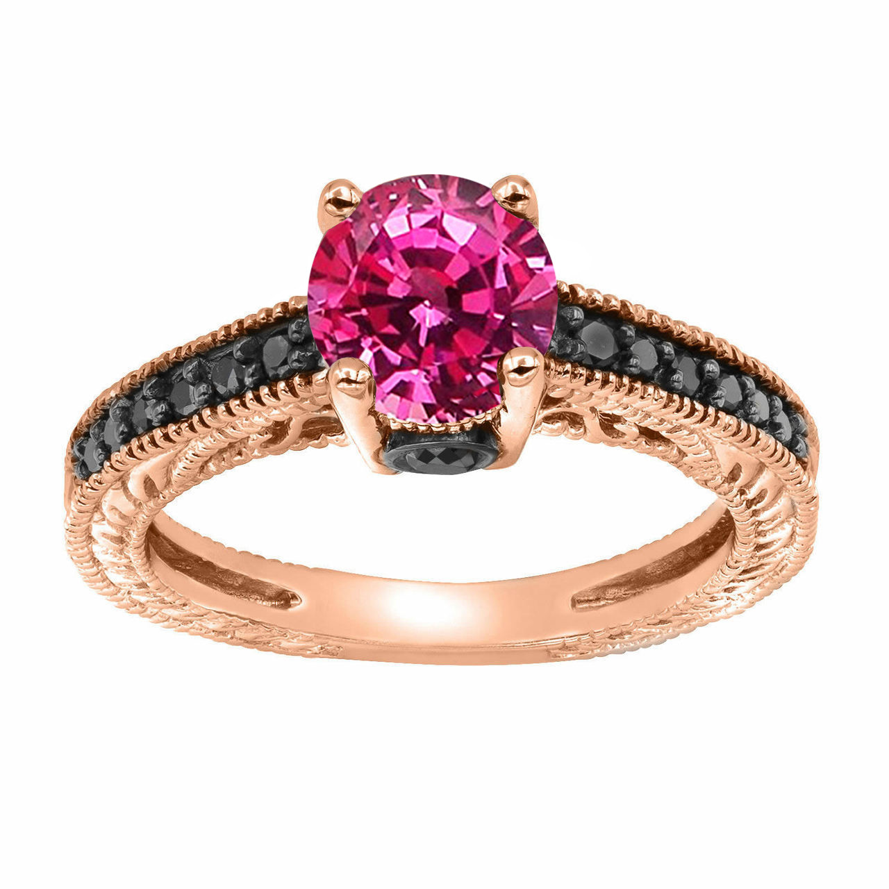 1.26 Carat Pink Sapphire Engagement Ring, With Black Diamonds Wedding Ring 14K Rose Gold Unique Vintage Style Pave Handmade Certified